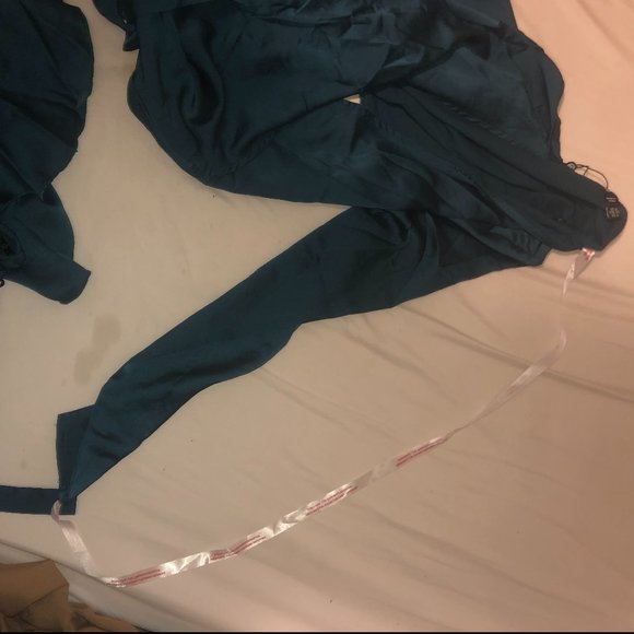 Long Sleeve Teal Ruffle Satin Tea Dress - Picture 4 of 5